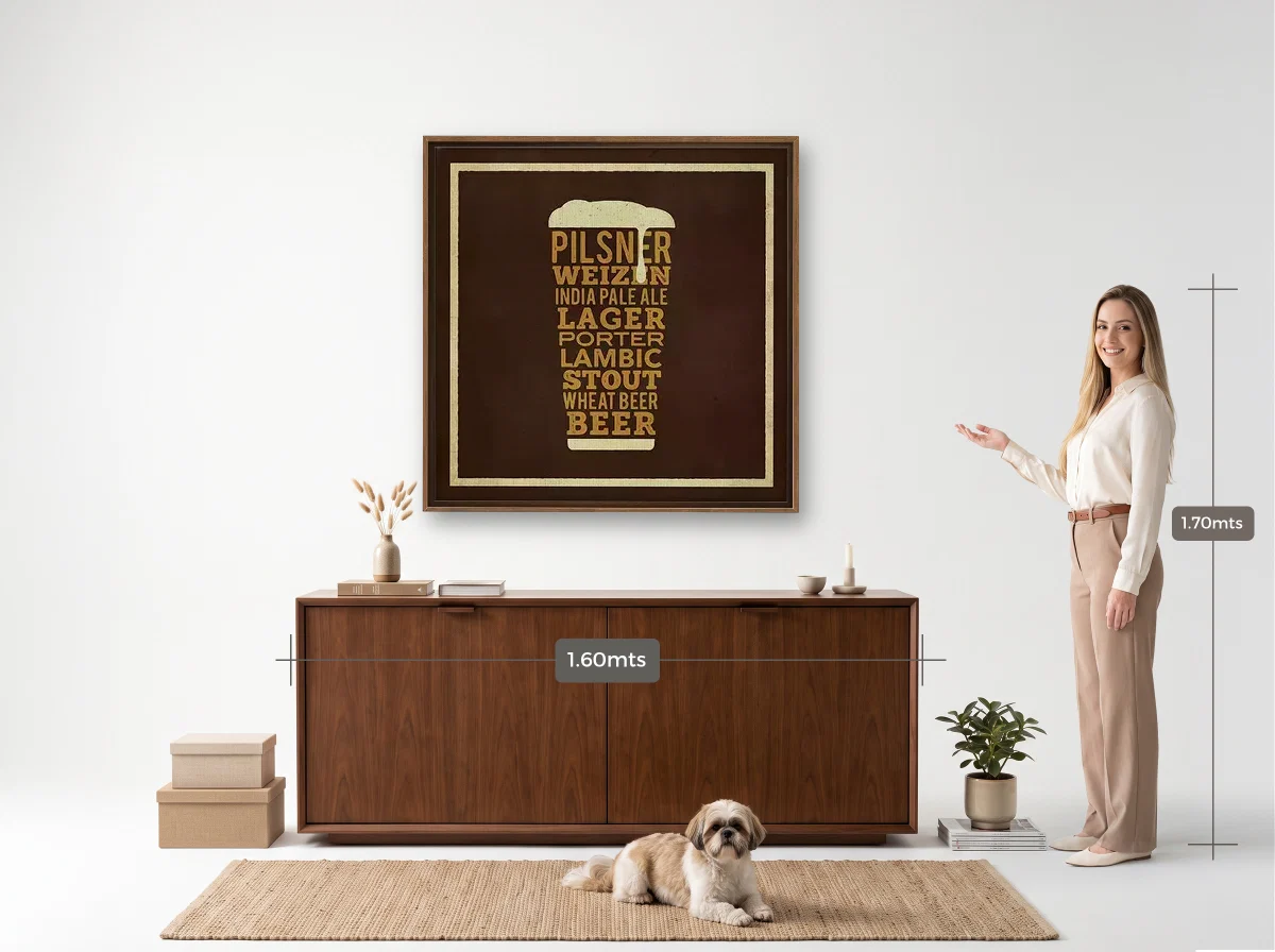 Quadro 100×100 · Flutuante · tabaco · Hall · aparador de 1,60 m