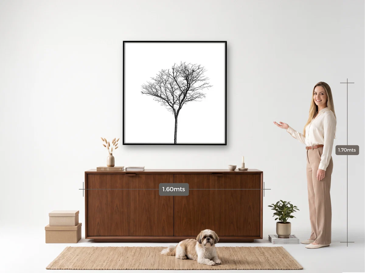 Quadro 100×100 · Filete · preta · Hall · aparador de 1,60 m