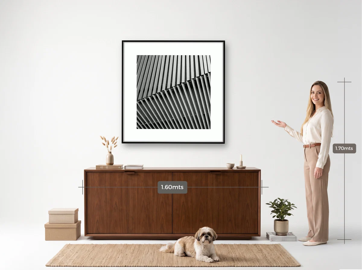 Quadro 100×100 · Filete · preta · Hall · aparador de 1,60 m