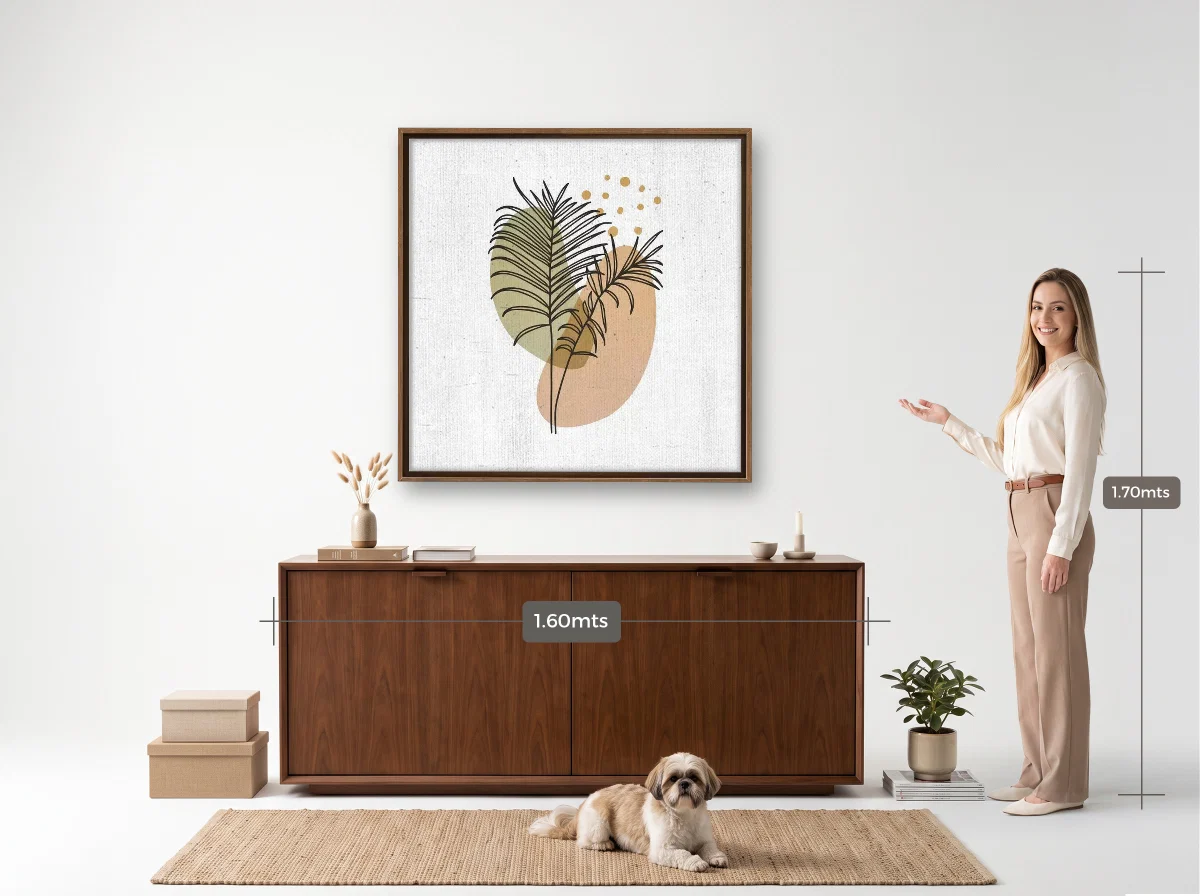 Quadro 100×100 · Flutuante · tabaco · Hall · aparador de 1,60 m