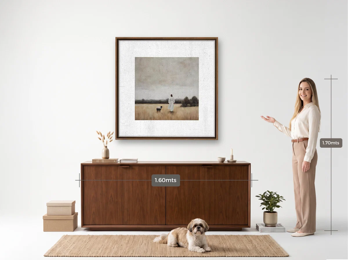 Quadro 100×100 · Flutuante · tabaco · Hall · aparador de 1,60 m