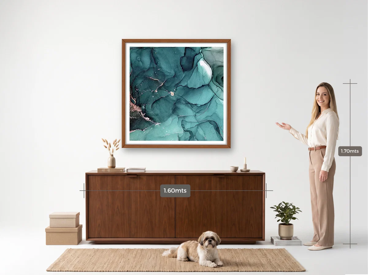 Quadro 100×100 · Caixa · freijó · Hall · aparador de 1,60 m