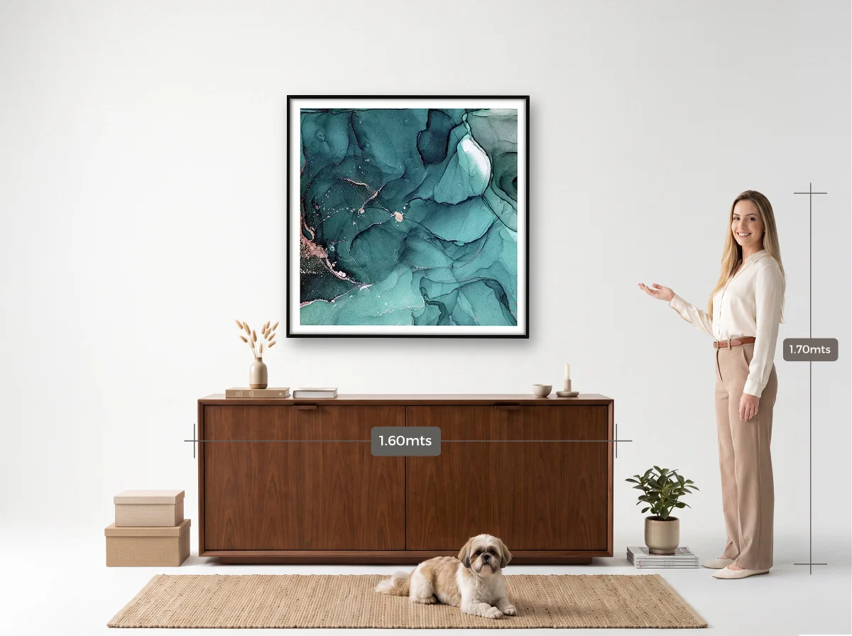 Quadro 100×100 · Filete · preta · Hall · aparador de 1,60 m