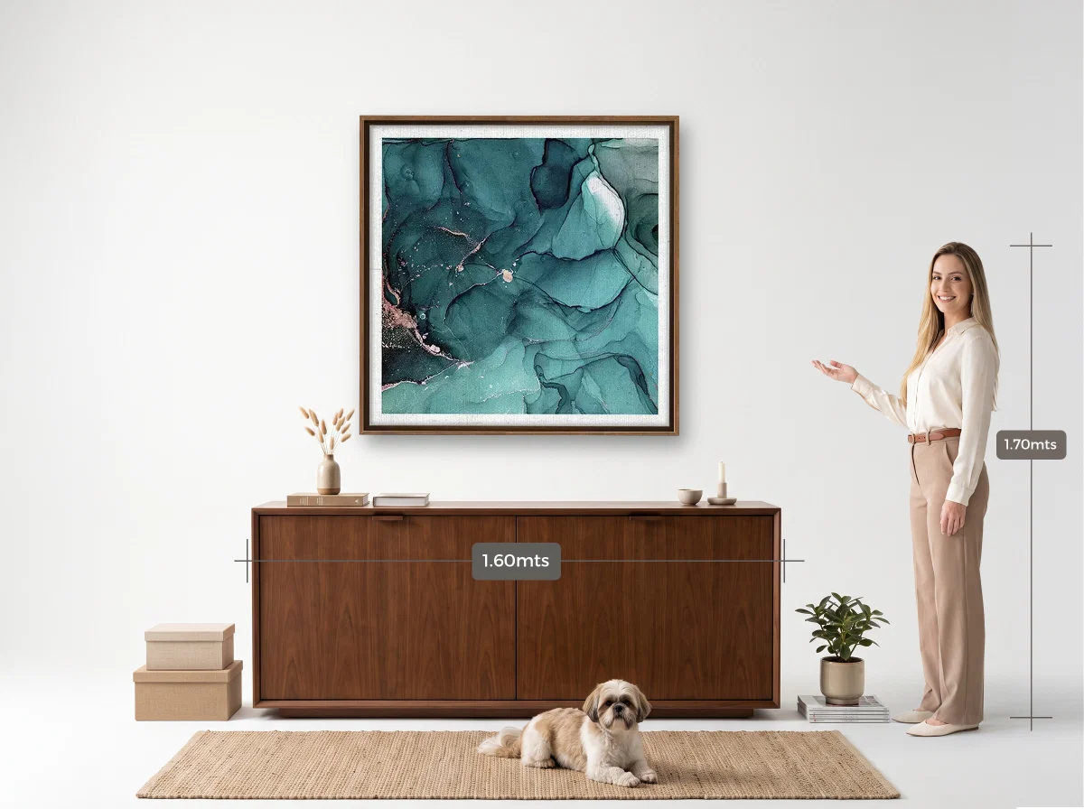 Quadro 100×100 · Flutuante · tabaco · Hall · aparador de 1,60 m