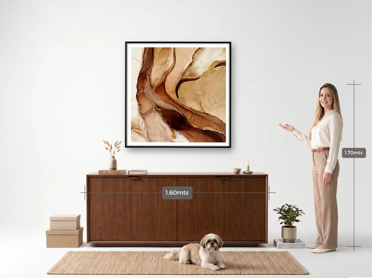 Quadro 100×100 · Filete · preta · Hall · aparador de 1,60 m