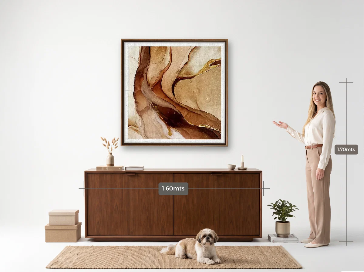 Quadro 100×100 · Flutuante · tabaco · Hall · aparador de 1,60 m
