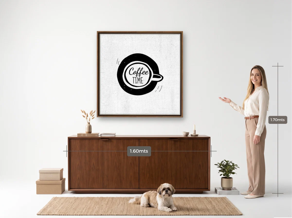 Quadro 100×100 · Flutuante · tabaco · Hall · aparador de 1,60 m